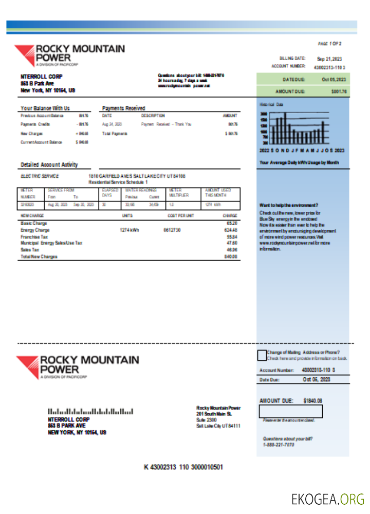 Facture commerciale du service public d'électricité de Rocky Mountain Power, SCR